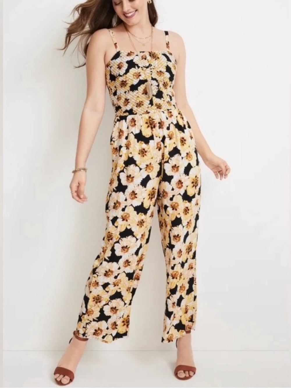 Maurices Black Jumpsuit with Yellow and Cream Floral Print
